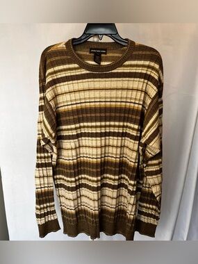 Men’s Jones New York Brown and Cream Striped Crewneck Sweater- XL